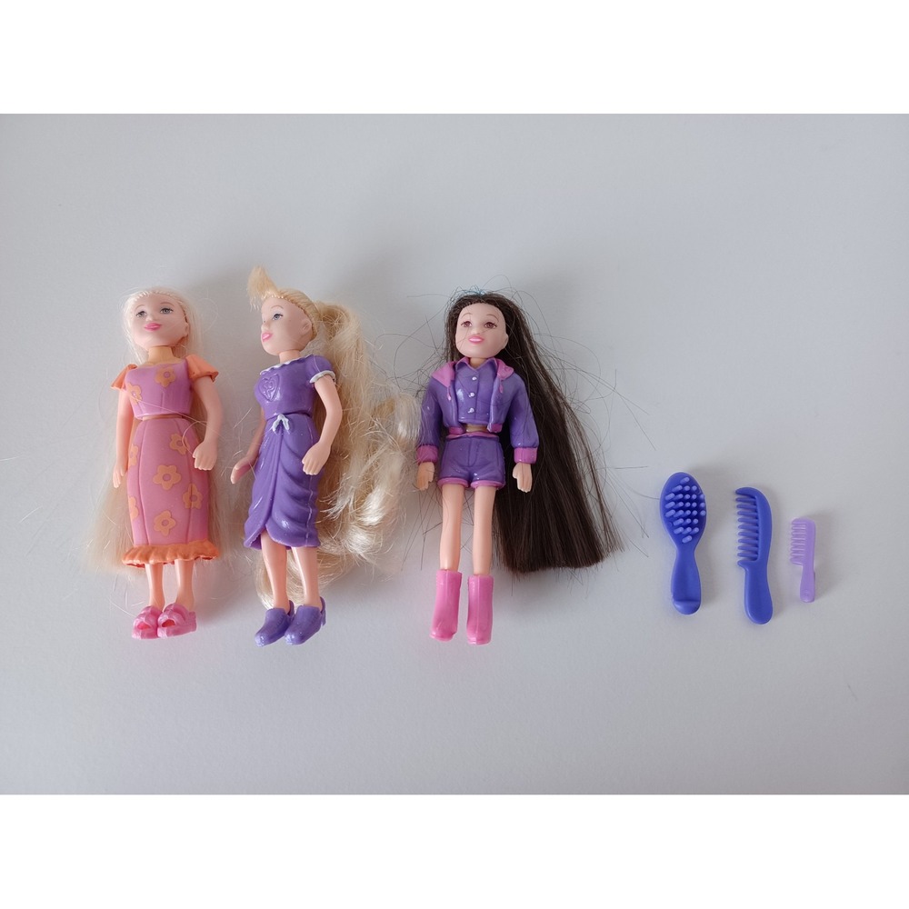 Three Vintage Fashion Polly Pocket Small Dolls With 3 Hairbrushes Toy Collection